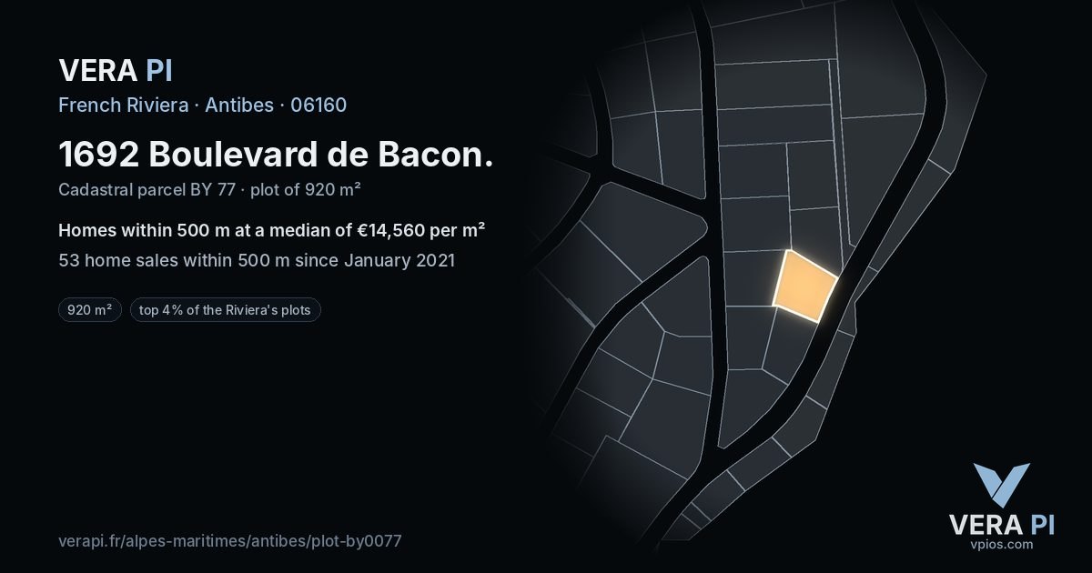 1692 Boulevard de Bacon, Antibes at night – the plot lit, the parcels around coloured by the prices near them