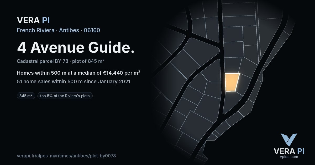 4 Avenue Guide, Antibes at night – the plot lit, the parcels around coloured by the prices near them