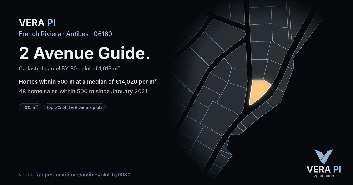 2 Avenue Guide, Antibes at night – the plot lit, the parcels around coloured by the prices near them