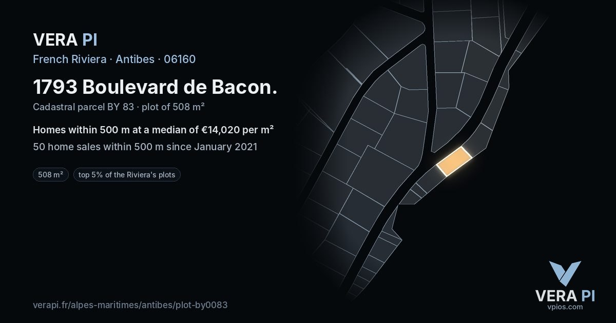 1793 Boulevard de Bacon, Antibes at night – the plot lit, the parcels around coloured by the prices near them