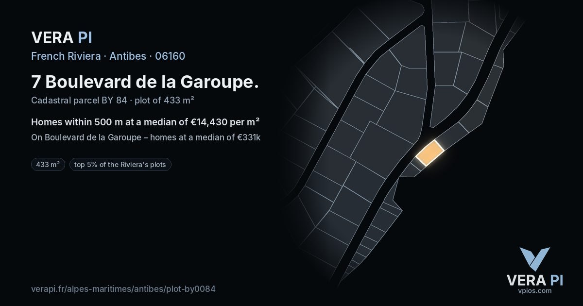 7 Boulevard de la Garoupe, Antibes at night – the plot lit, the parcels around coloured by the prices near them