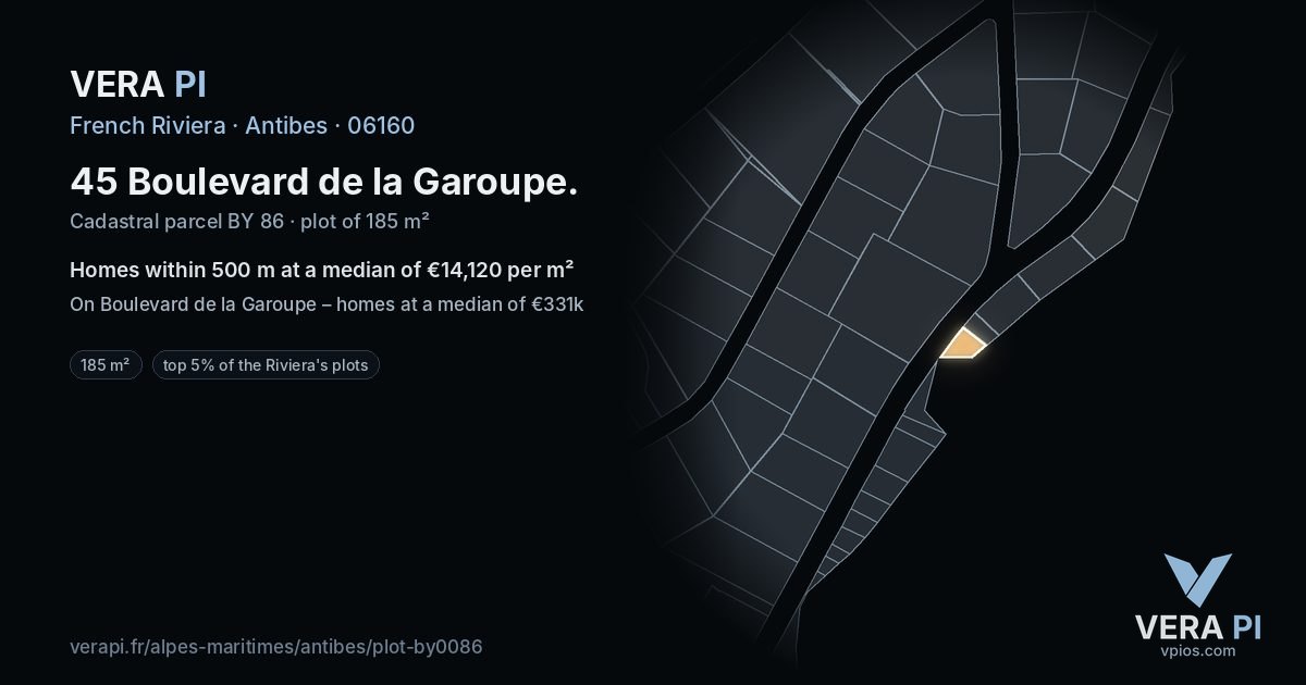 45 Boulevard de la Garoupe, Antibes at night – the plot lit, the parcels around coloured by the prices near them