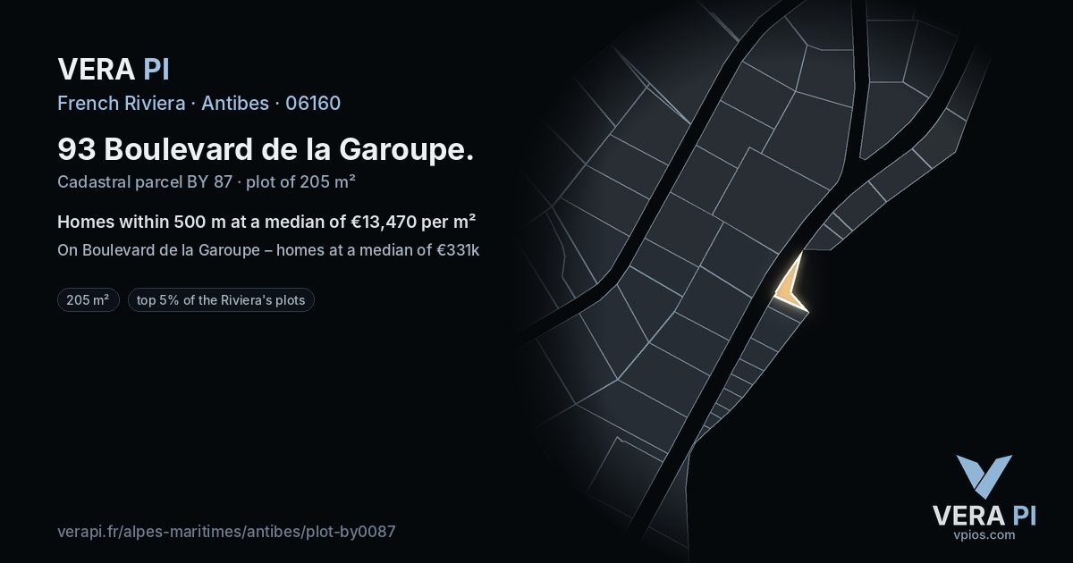93 Boulevard de la Garoupe, Antibes at night – the plot lit, the parcels around coloured by the prices near them