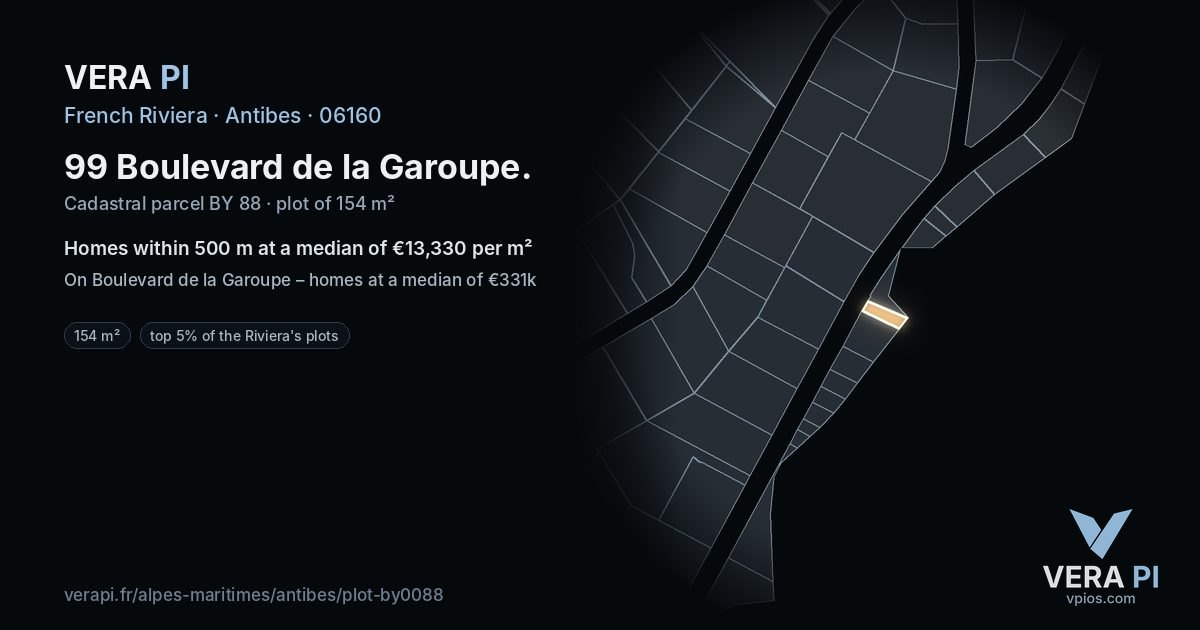 99 Boulevard de la Garoupe, Antibes at night – the plot lit, the parcels around coloured by the prices near them