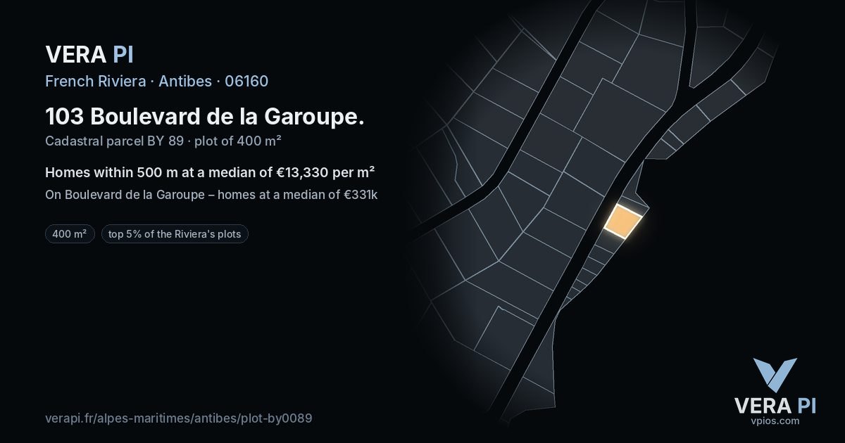 103 Boulevard de la Garoupe, Antibes at night – the plot lit, the parcels around coloured by the prices near them