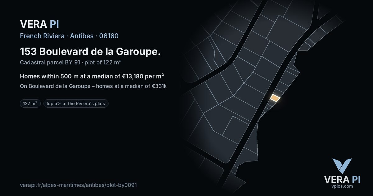 153 Boulevard de la Garoupe, Antibes at night – the plot lit, the parcels around coloured by the prices near them