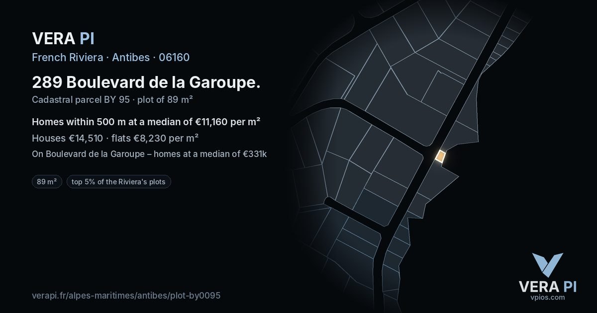 289 Boulevard de la Garoupe, Antibes at night – the plot lit, the parcels around coloured by the prices near them