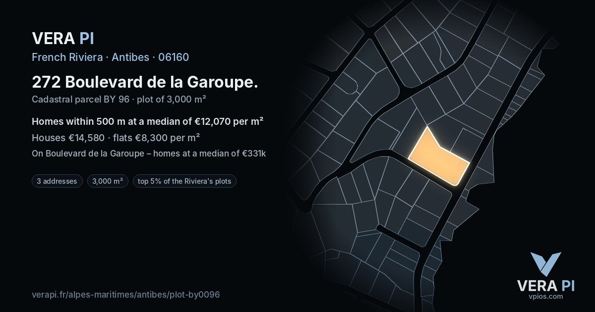 272 Boulevard de la Garoupe, Antibes at night – the plot lit, the parcels around coloured by the prices near them
