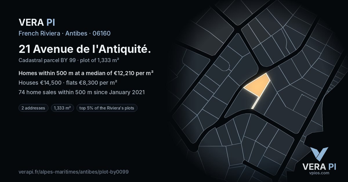 21 Avenue de l'Antiquité, Antibes at night – the plot lit, the parcels around coloured by the prices near them