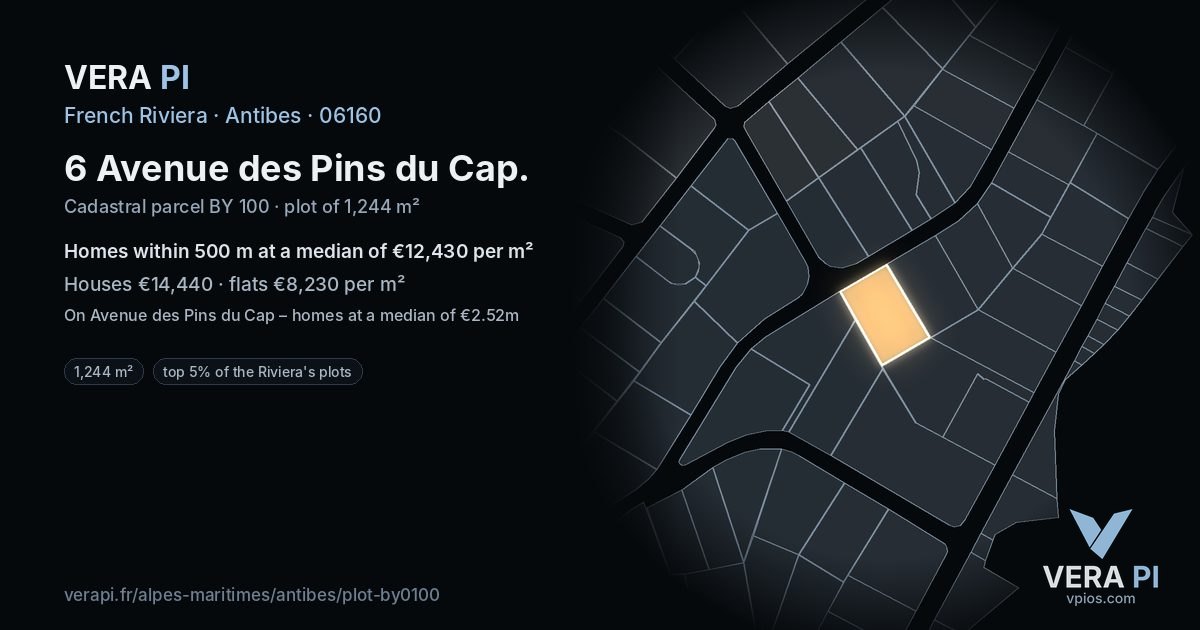 6 Avenue des Pins du Cap, Antibes at night – the plot lit, the parcels around coloured by the prices near them