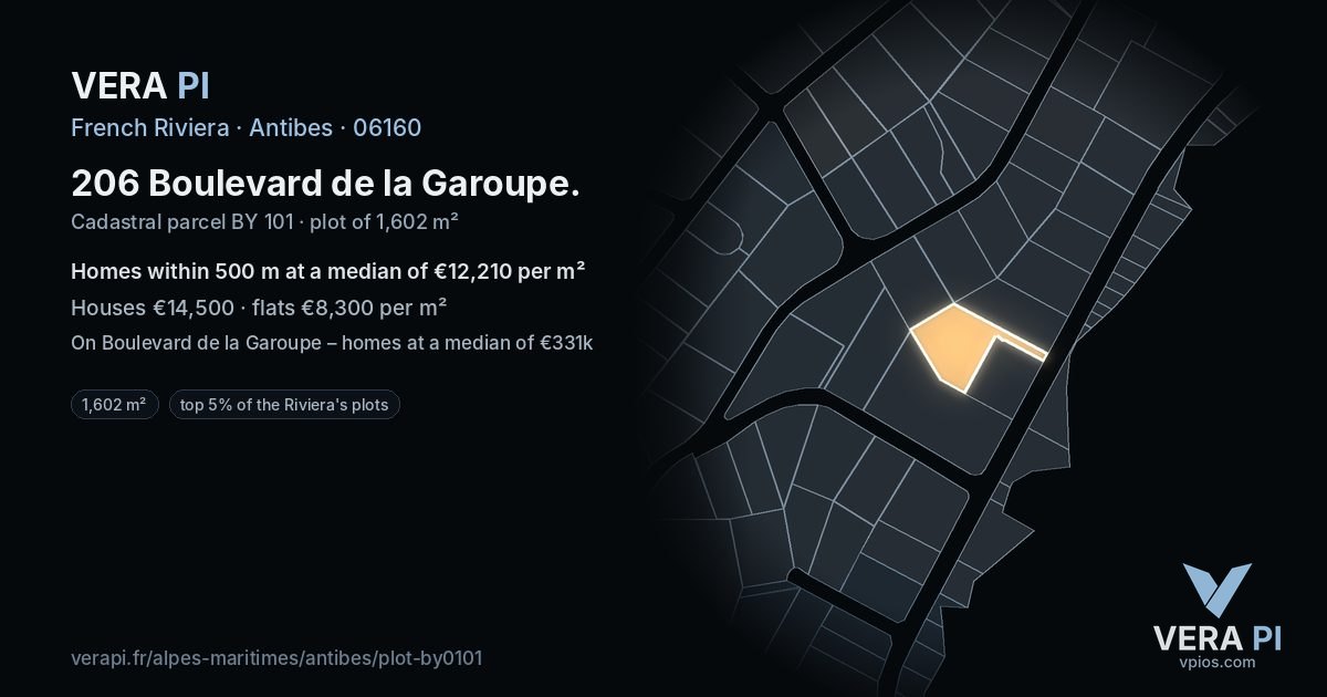206 Boulevard de la Garoupe, Antibes at night – the plot lit, the parcels around coloured by the prices near them