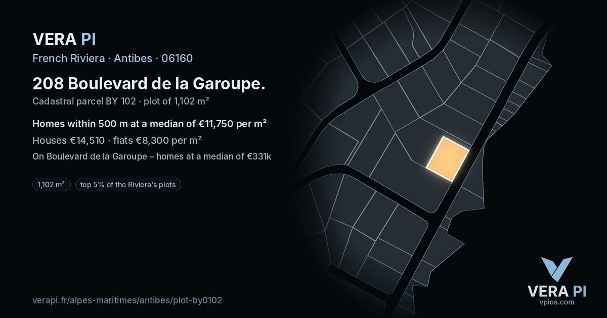 208 Boulevard de la Garoupe, Antibes at night – the plot lit, the parcels around coloured by the prices near them