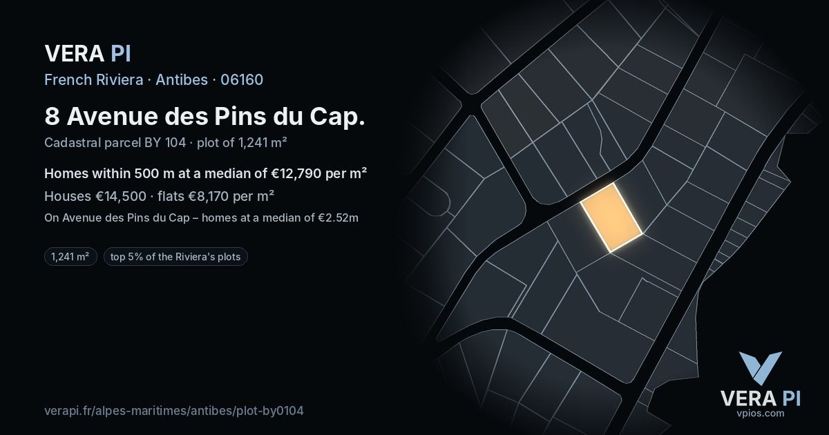 8 Avenue des Pins du Cap, Antibes at night – the plot lit, the parcels around coloured by the prices near them