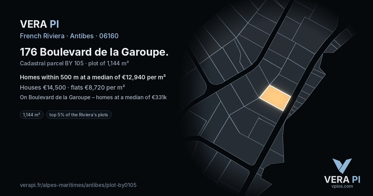 176 Boulevard de la Garoupe, Antibes at night – the plot lit, the parcels around coloured by the prices near them