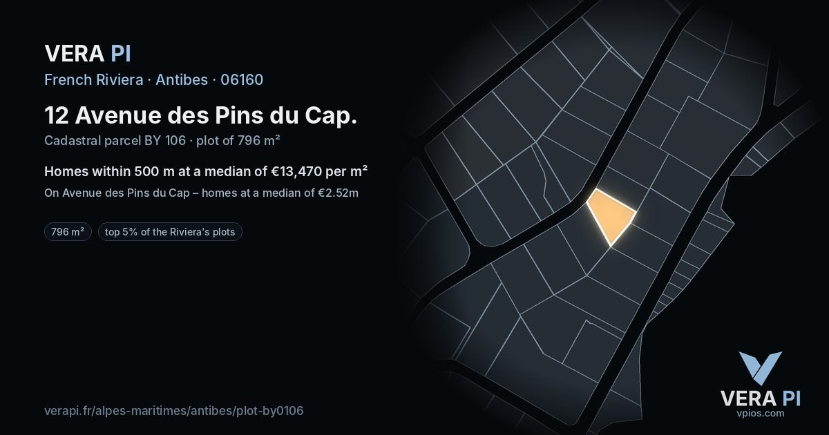 12 Avenue des Pins du Cap, Antibes at night – the plot lit, the parcels around coloured by the prices near them