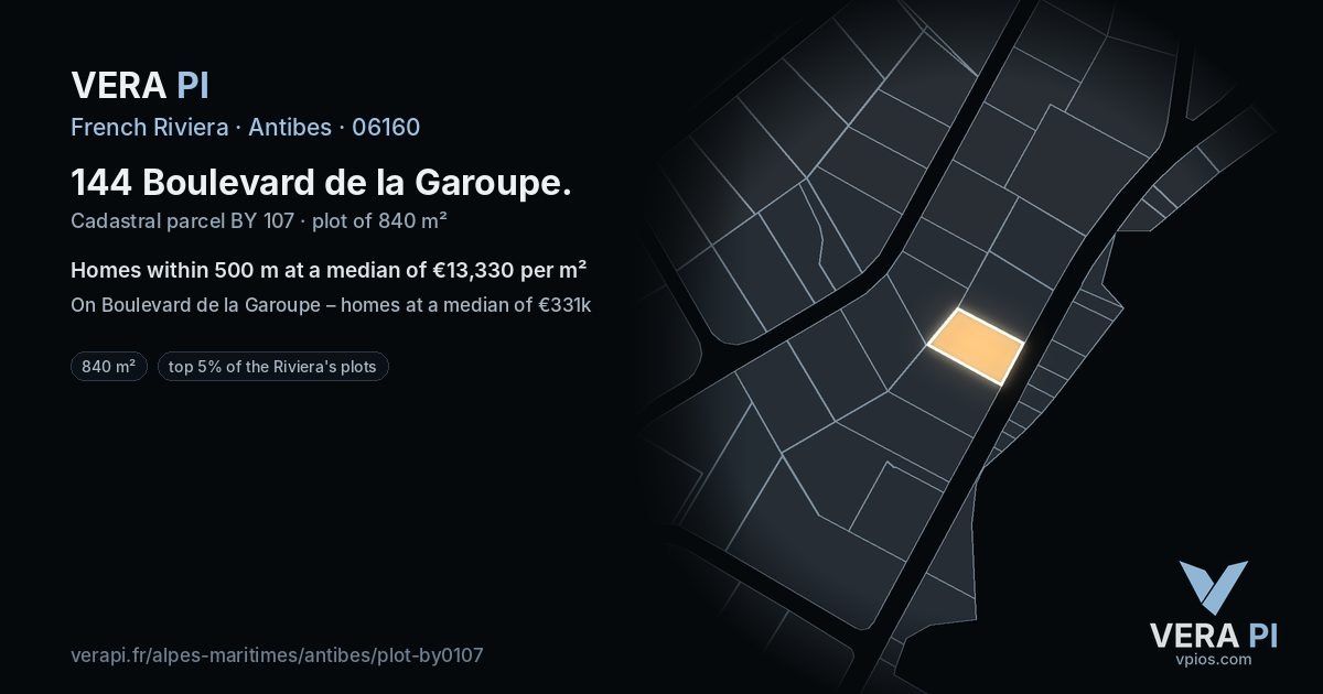 144 Boulevard de la Garoupe, Antibes at night – the plot lit, the parcels around coloured by the prices near them