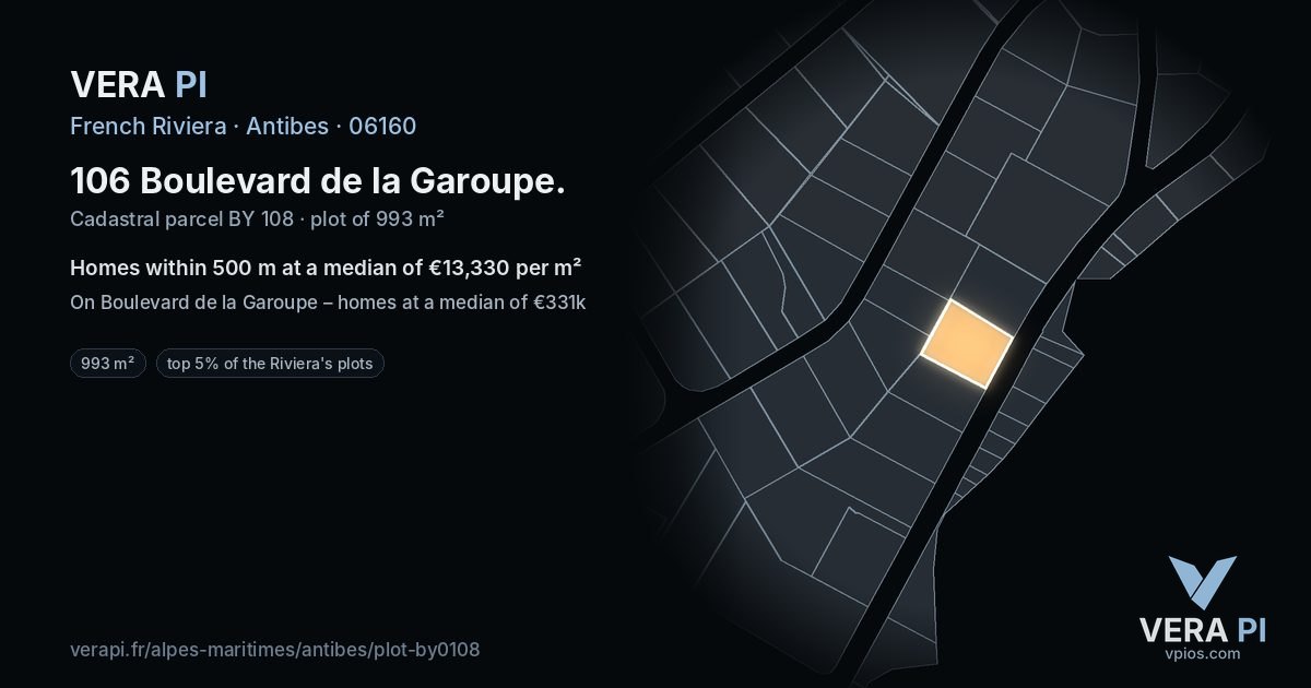 106 Boulevard de la Garoupe, Antibes at night – the plot lit, the parcels around coloured by the prices near them