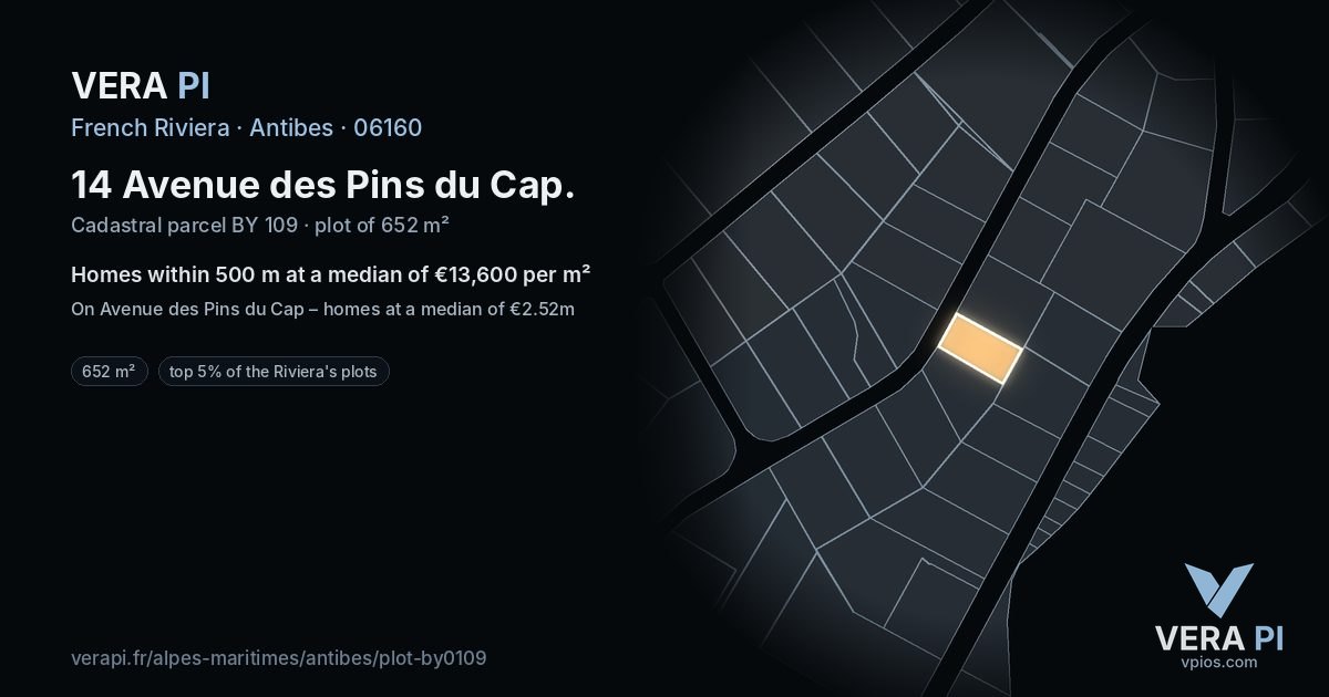 14 Avenue des Pins du Cap, Antibes at night – the plot lit, the parcels around coloured by the prices near them