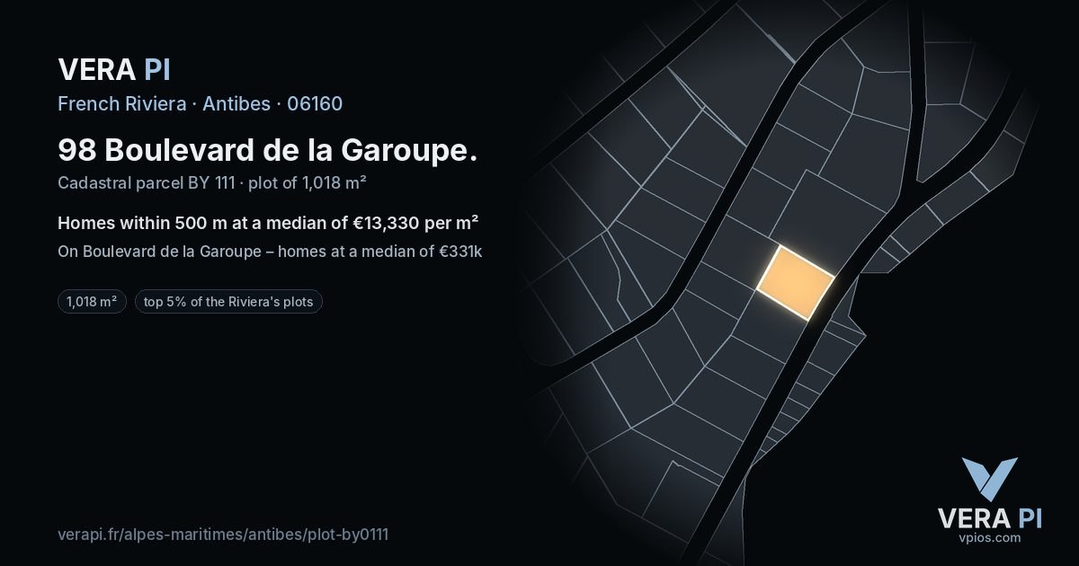98 Boulevard de la Garoupe, Antibes at night – the plot lit, the parcels around coloured by the prices near them