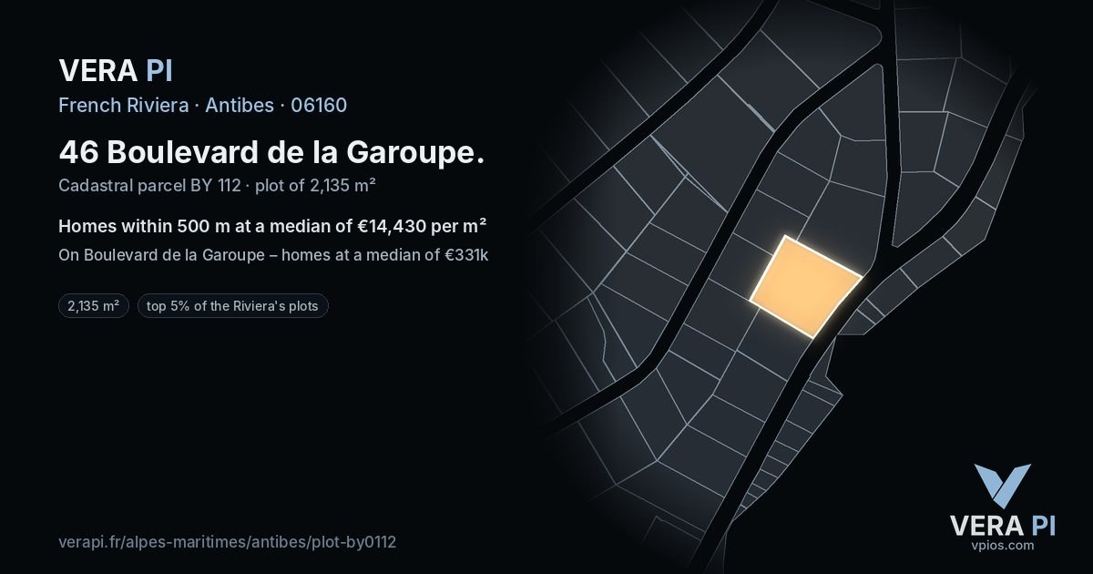 46 Boulevard de la Garoupe, Antibes at night – the plot lit, the parcels around coloured by the prices near them