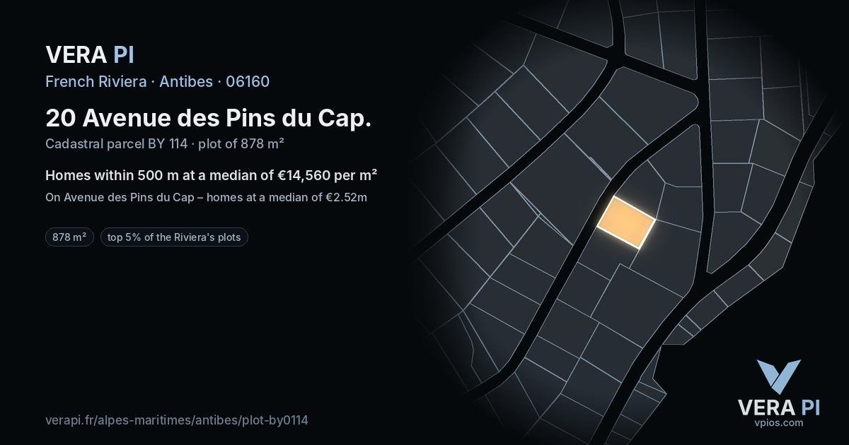 20 Avenue des Pins du Cap, Antibes at night – the plot lit, the parcels around coloured by the prices near them
