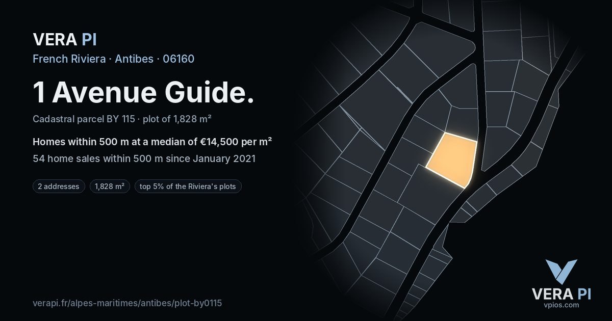 1 Avenue Guide, Antibes at night – the plot lit, the parcels around coloured by the prices near them