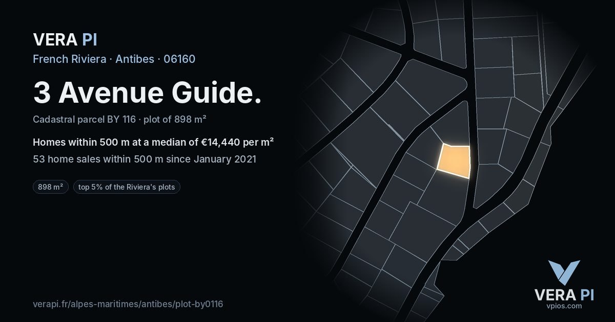 3 Avenue Guide, Antibes at night – the plot lit, the parcels around coloured by the prices near them