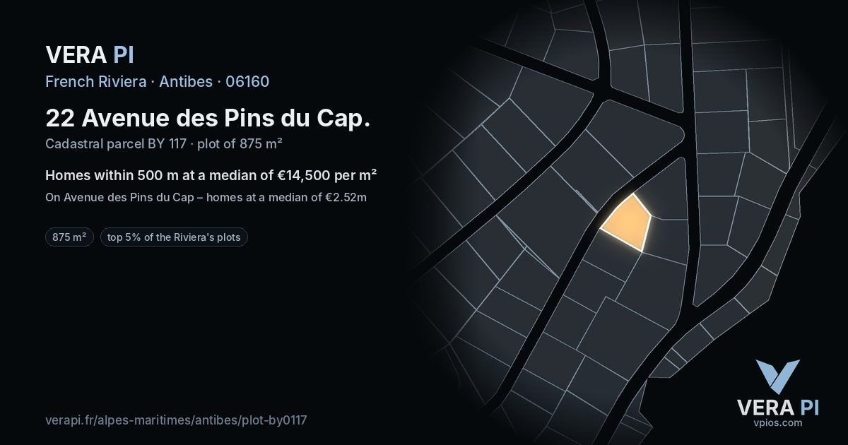 22 Avenue des Pins du Cap, Antibes at night – the plot lit, the parcels around coloured by the prices near them