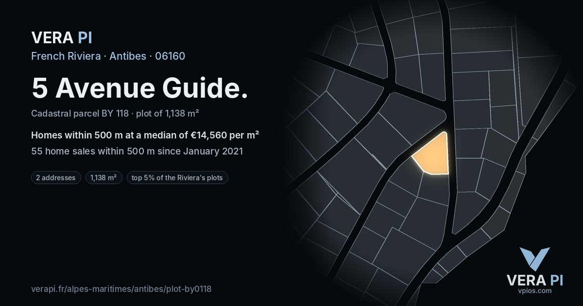 5 Avenue Guide, Antibes at night – the plot lit, the parcels around coloured by the prices near them