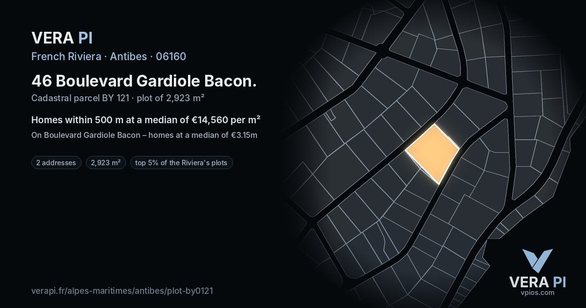 46 Boulevard Gardiole Bacon, Antibes at night – the plot lit, the parcels around coloured by the prices near them
