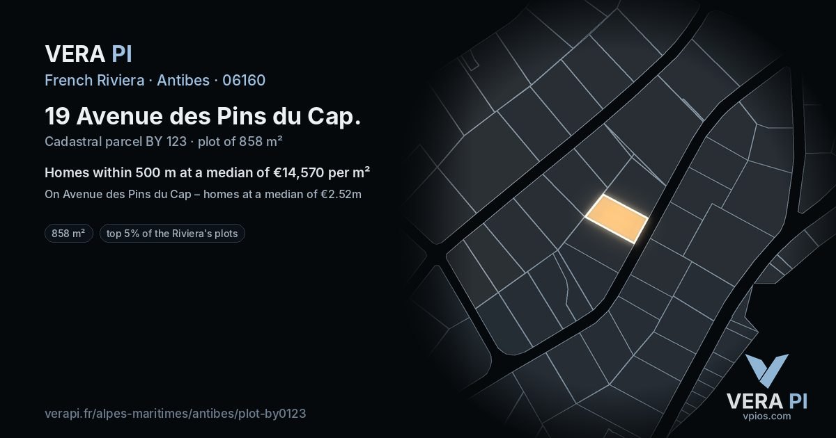 19 Avenue des Pins du Cap, Antibes at night – the plot lit, the parcels around coloured by the prices near them