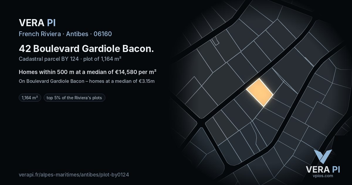 42 Boulevard Gardiole Bacon, Antibes at night – the plot lit, the parcels around coloured by the prices near them