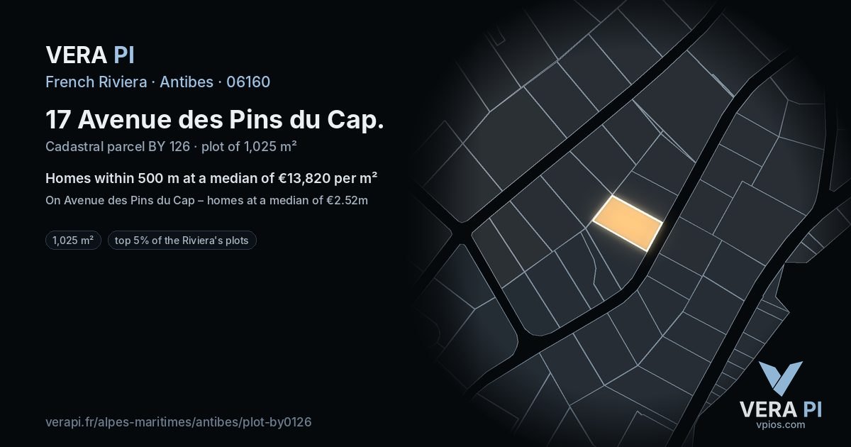 17 Avenue des Pins du Cap, Antibes at night – the plot lit, the parcels around coloured by the prices near them