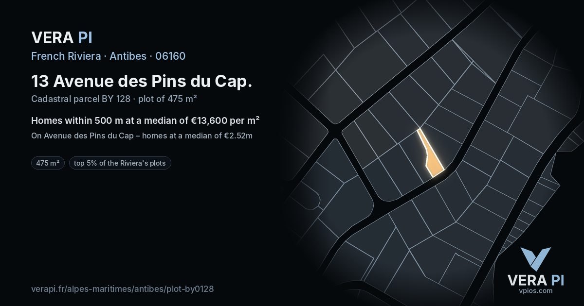 13 Avenue des Pins du Cap, Antibes at night – the plot lit, the parcels around coloured by the prices near them