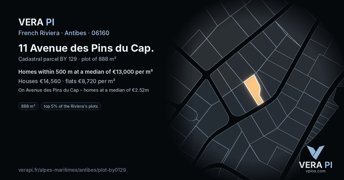 11 Avenue des Pins du Cap, Antibes at night – the plot lit, the parcels around coloured by the prices near them