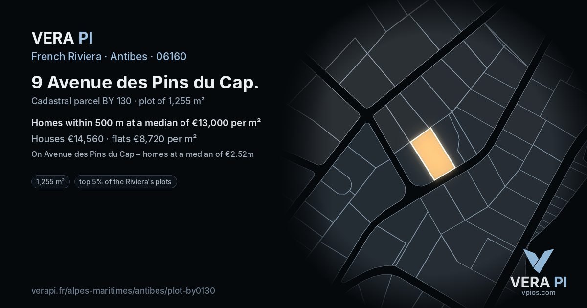 9 Avenue des Pins du Cap, Antibes at night – the plot lit, the parcels around coloured by the prices near them