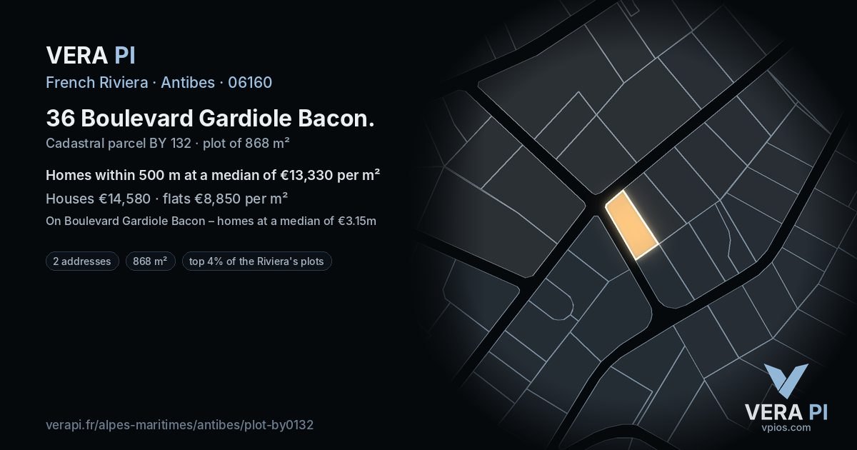 36 Boulevard Gardiole Bacon, Antibes at night – the plot lit, the parcels around coloured by the prices near them