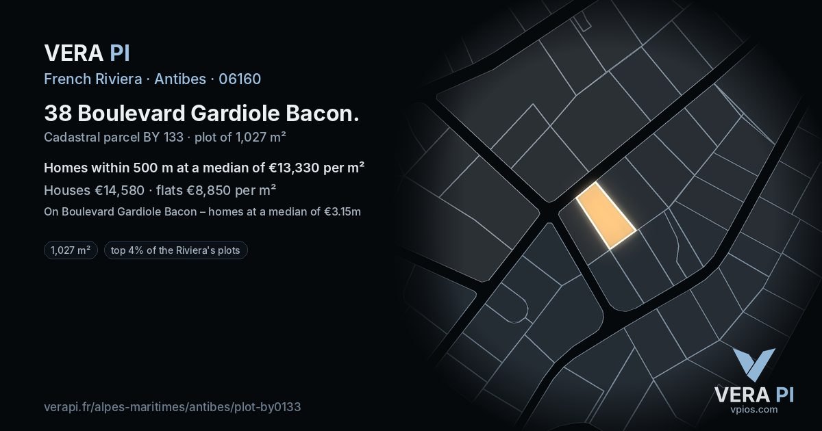 38 Boulevard Gardiole Bacon, Antibes at night – the plot lit, the parcels around coloured by the prices near them