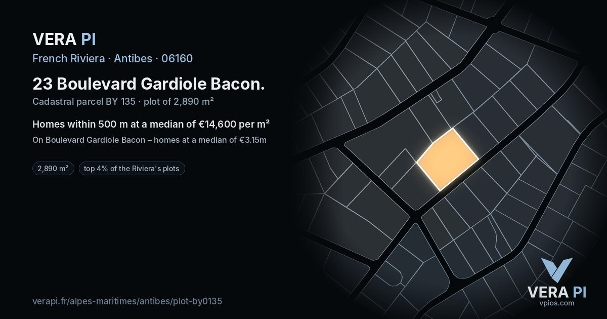 23 Boulevard Gardiole Bacon, Antibes at night – the plot lit, the parcels around coloured by the prices near them