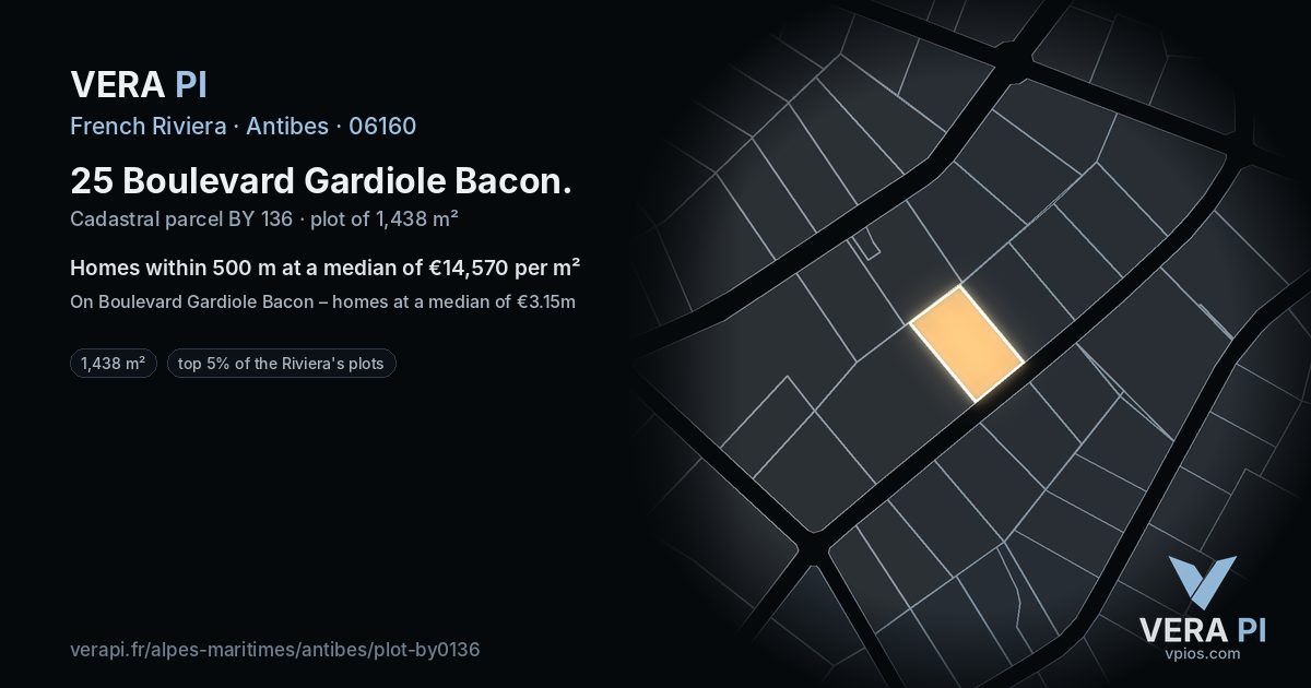 25 Boulevard Gardiole Bacon, Antibes at night – the plot lit, the parcels around coloured by the prices near them