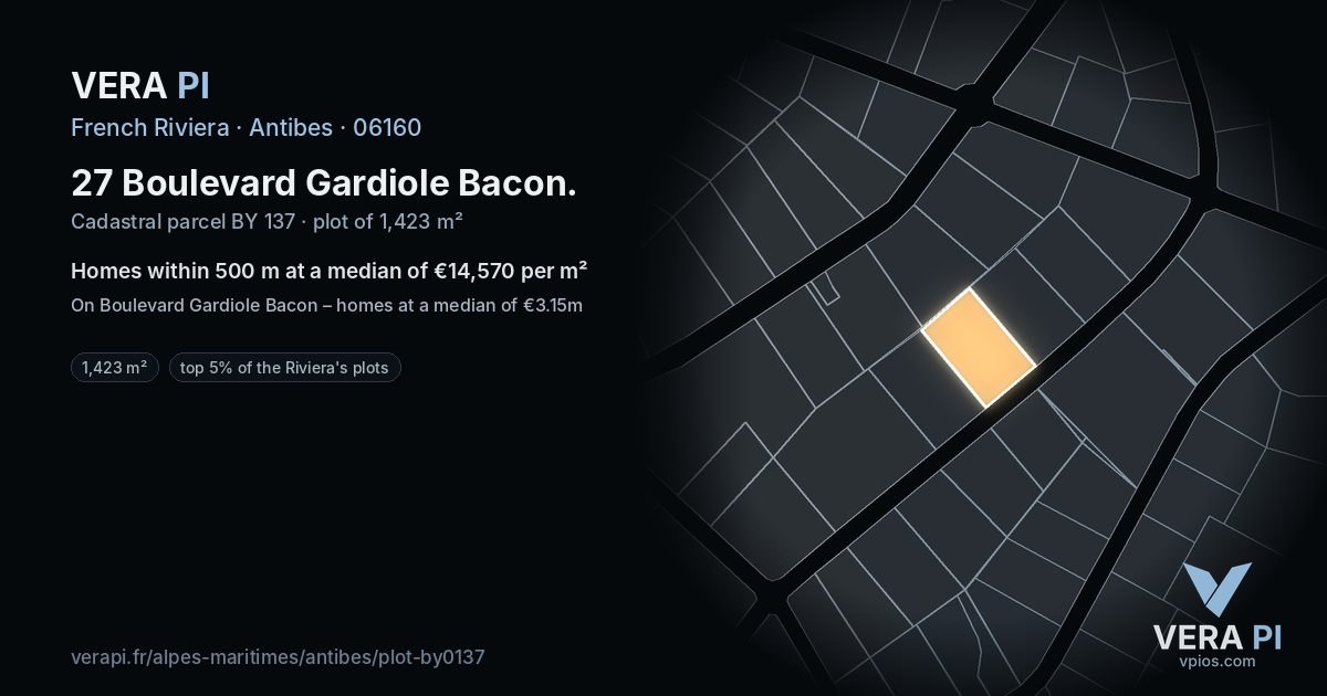 27 Boulevard Gardiole Bacon, Antibes at night – the plot lit, the parcels around coloured by the prices near them