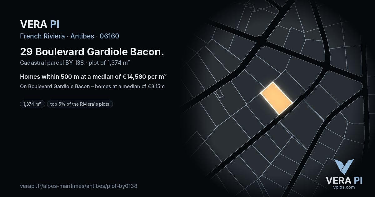 29 Boulevard Gardiole Bacon, Antibes at night – the plot lit, the parcels around coloured by the prices near them