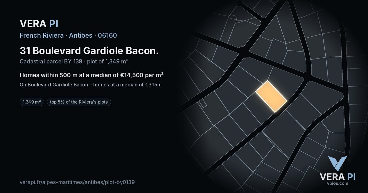 31 Boulevard Gardiole Bacon, Antibes at night – the plot lit, the parcels around coloured by the prices near them