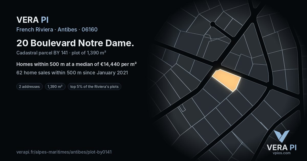 20 Boulevard Notre Dame, Antibes at night – the plot lit, the parcels around coloured by the prices near them