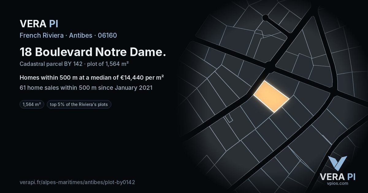 18 Boulevard Notre Dame, Antibes at night – the plot lit, the parcels around coloured by the prices near them