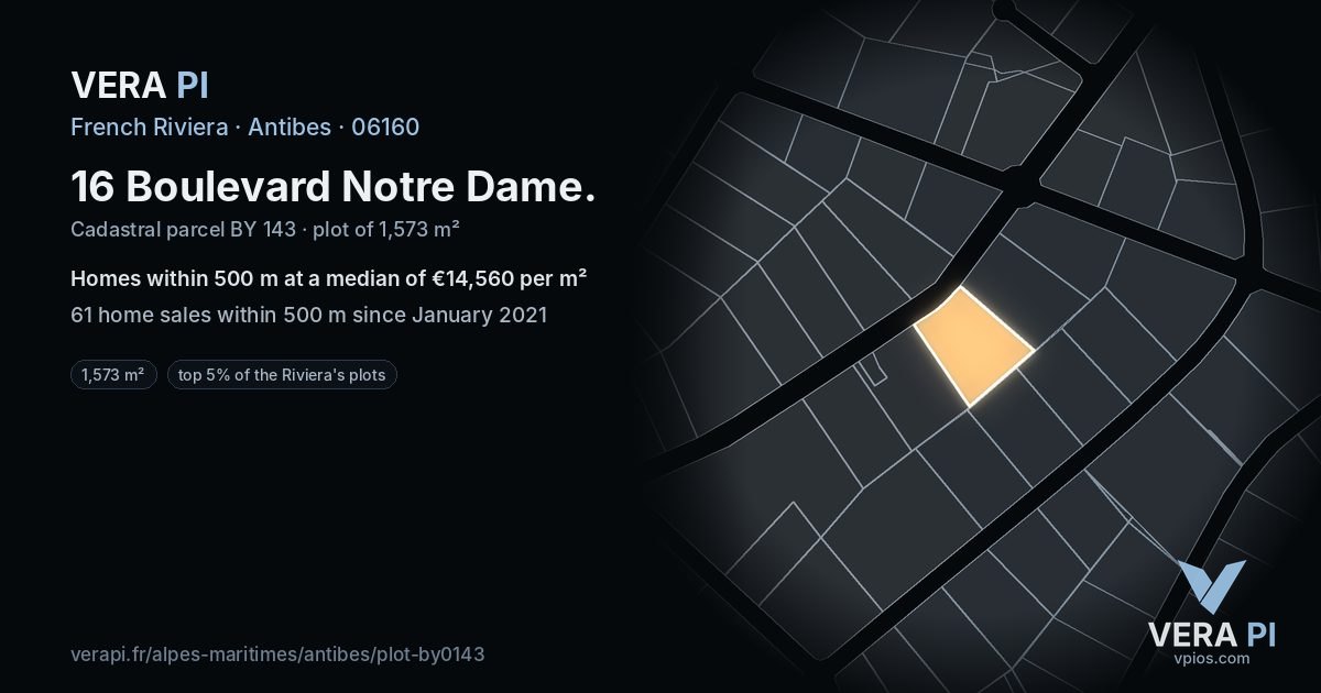 16 Boulevard Notre Dame, Antibes at night – the plot lit, the parcels around coloured by the prices near them