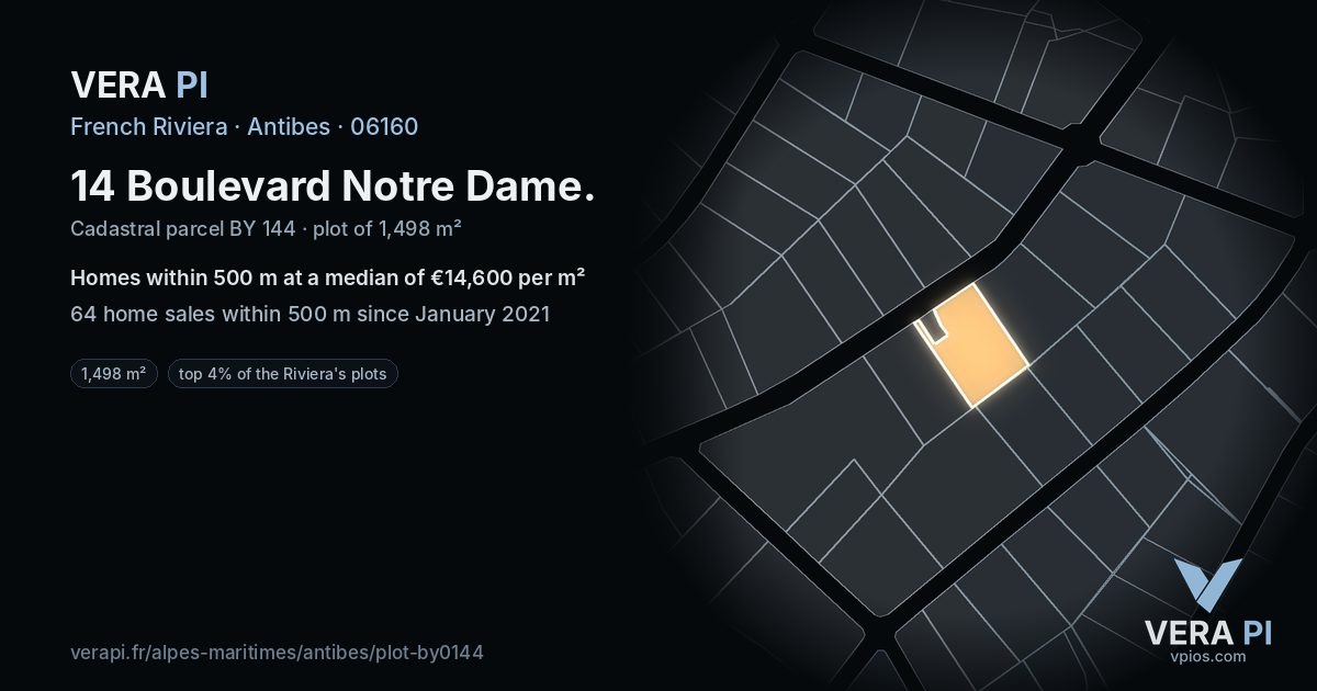 14 Boulevard Notre Dame, Antibes at night – the plot lit, the parcels around coloured by the prices near them