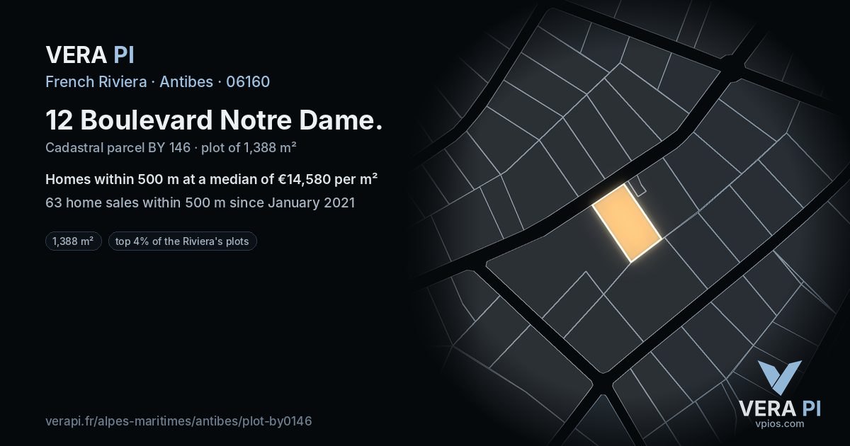 12 Boulevard Notre Dame, Antibes at night – the plot lit, the parcels around coloured by the prices near them