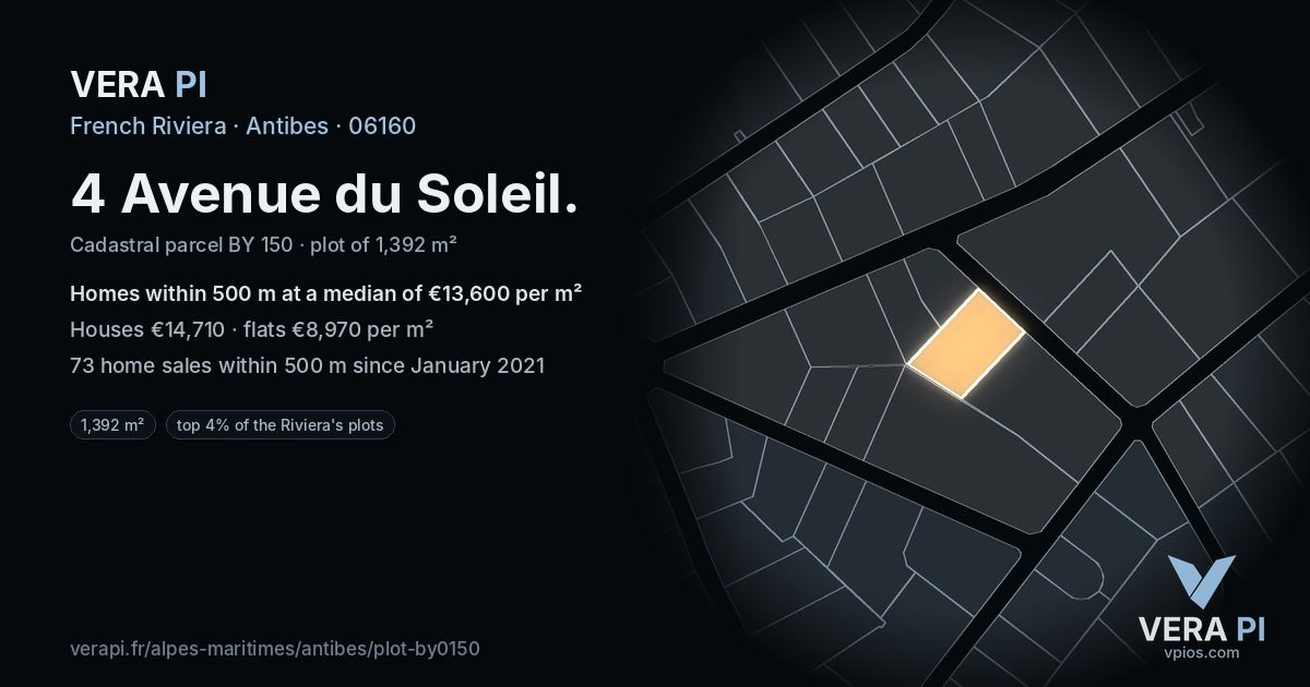4 Avenue du Soleil, Antibes at night – the plot lit, the parcels around coloured by the prices near them