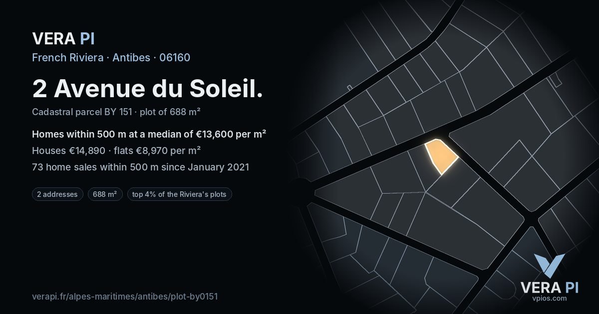 2 Avenue du Soleil, Antibes at night – the plot lit, the parcels around coloured by the prices near them